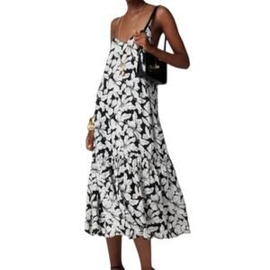 J Crew Collection Tiered Drapey A Line Twill Midi Dress Black White Floral XXL
